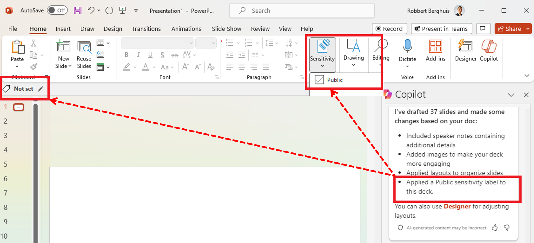 An image showing the label inheritance 'flaw' in PowerPoint when using the Microsoft Unified Labeling add-in - © Robbert Berghuis