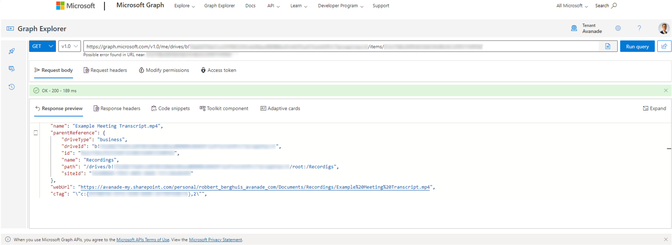 Microsoft Graph Explorer view on the 'Item' inside a 'Drive' that points to a file in OneDrive for Business - © Robbert Berghuis