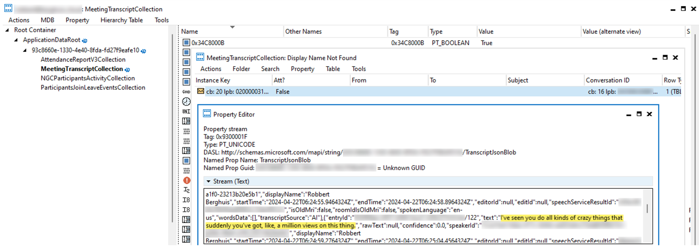 View on the Meeting Transcript Collection using MFCMAPI - © Robbert Berghuis