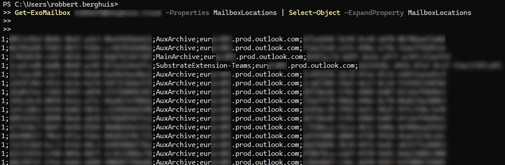 PowerShell listing the Mailbox Location - © Robbert Berghuis