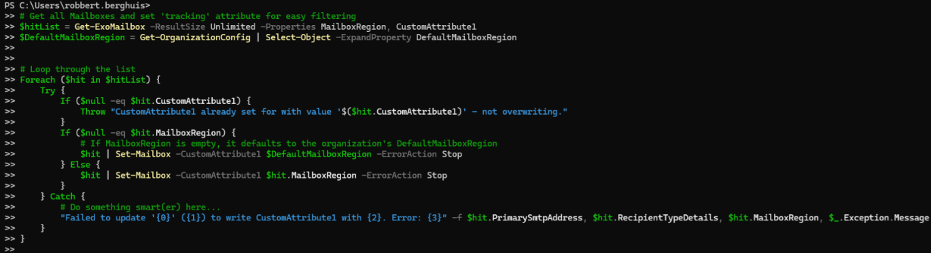 PowerShell to 'copy' the Mailbox Region to a Custom Attribute - © Robbert Berghuis