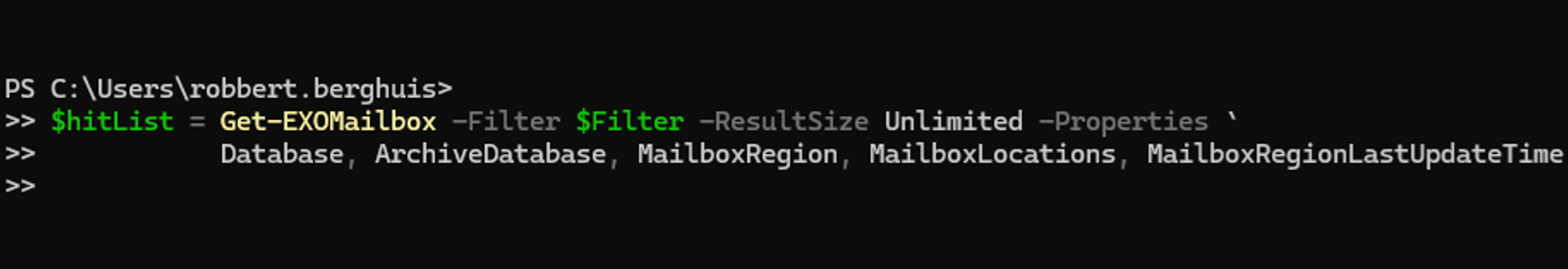 PowerShell to get in-scope mailboxes with a set of additional properties - © Robbert Berghuis