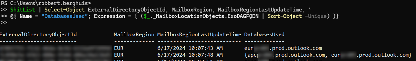 PowerShell showing the list of all databases used, for all mailboxes - © Robbert Berghuis