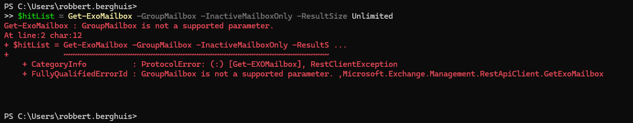 Error when using GroupMailbox parameter in the Get-ExoMailbox cmdlet - © Robbert Berghuis